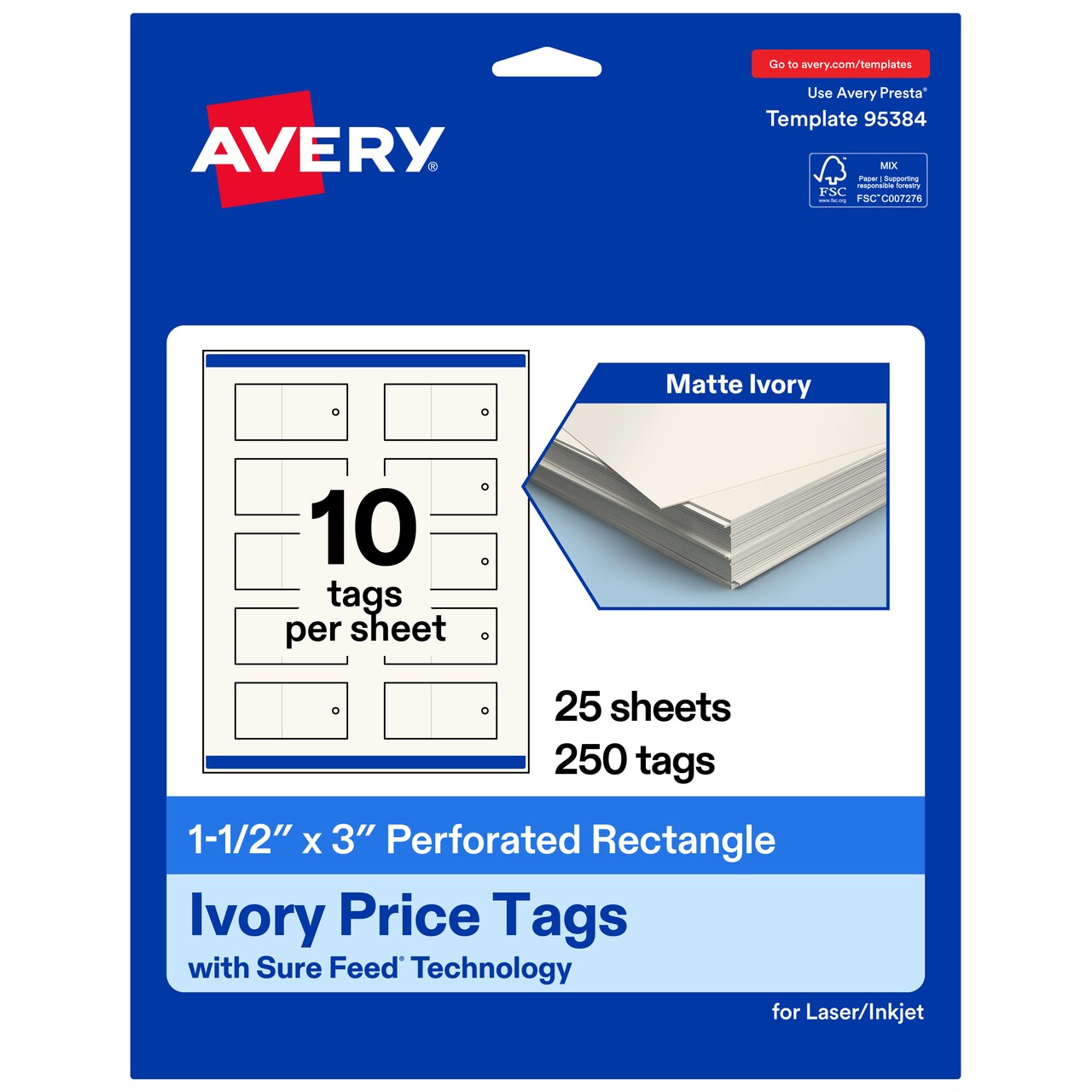 Avery Printable Perforated Rectangle Price Tags, Sure Feed Technology, 1-1/2" x 3", Matte Ivory Cardstock, Print-to-The-Edge, Laser/Inkjet Printable, 100 Total
